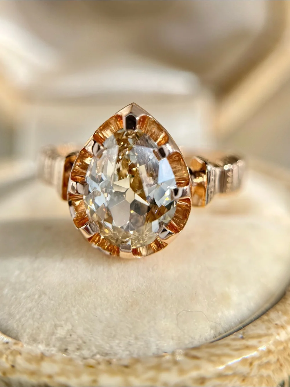 2.14 carat GIA Fancy Yellow-Brown Antique Cut Pear Natural Diamond Ring
